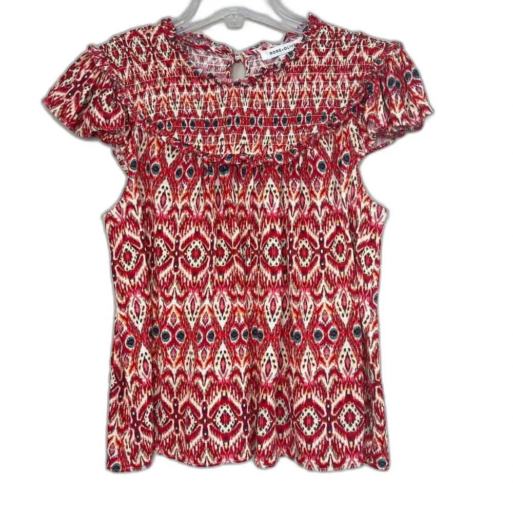 Rose & Olive Boho Smocked Flutter Sleeve Tribal Print Blouse SZ L Western Aztec - Picture 3 of 14